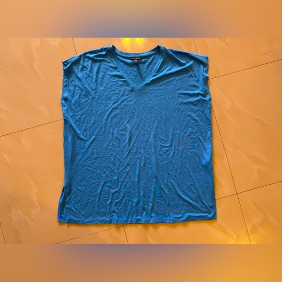 EILEEN FISHER Womens  Boxy V-Neck Tee Shirt Top in Coast Blue Short Sleeve L - Picture 2 of 16